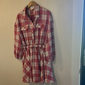 Pink and White Plaid Shirt Dress